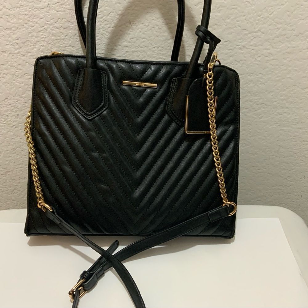 Aldo Womens Satchel Handbag Black Pockets Dual Handle Chain Zipper Faux Leather - Picture 8 of 16